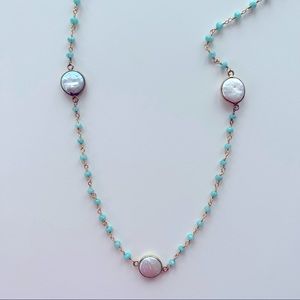 Coin Pearl and Blue Gemstone Bead 28” Necklace in Plated Gold